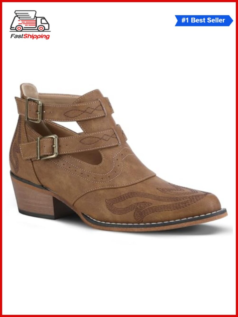 Faux Leather Ankle Western Cowboy Boots Snip Toe Chunky Low Heel